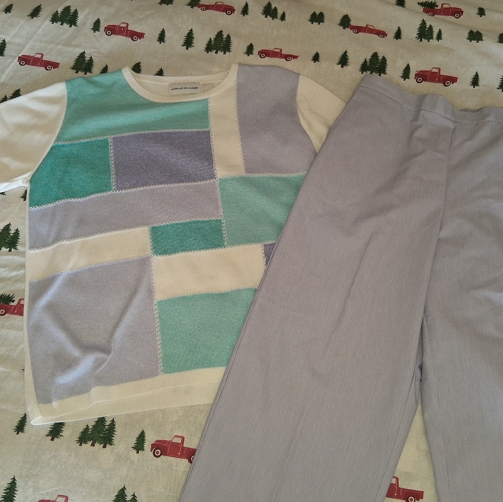 Vintage Alfred Dunner Short Sleeve Patchwork Sweater And Embroded Pants Set